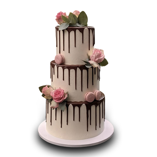 Elegant Chocolate Drip Cake with Pink Roses and Macarons - Holame Cakes